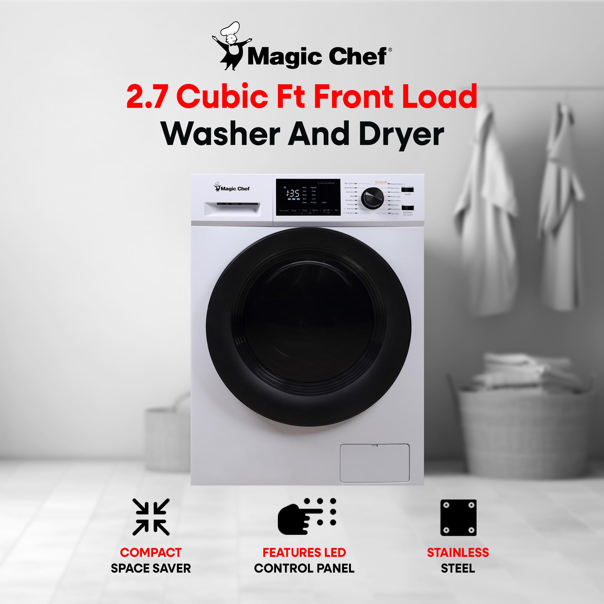 Magic Chef MCSCWD27W5 2.7 Cu Ft Front Load Washer And Dryer Combination, White - VMInnovations