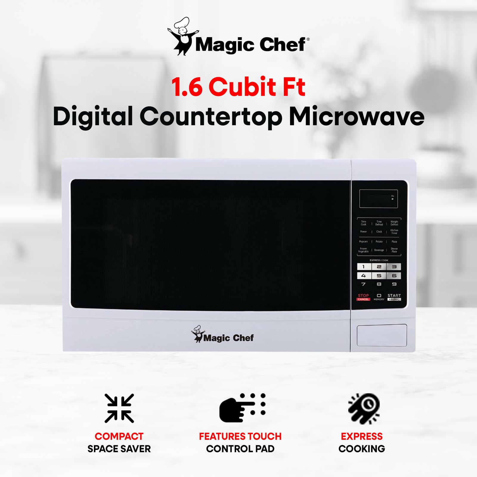 Magic Chef 1100 Watt 1.6 Cubic Feet Digital Countertop Microwave, White (Used) - VMInnovations