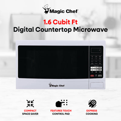 Magic Chef 1100 Watt 1.6 Cubic Feet Digital Countertop Microwave, White (Used)