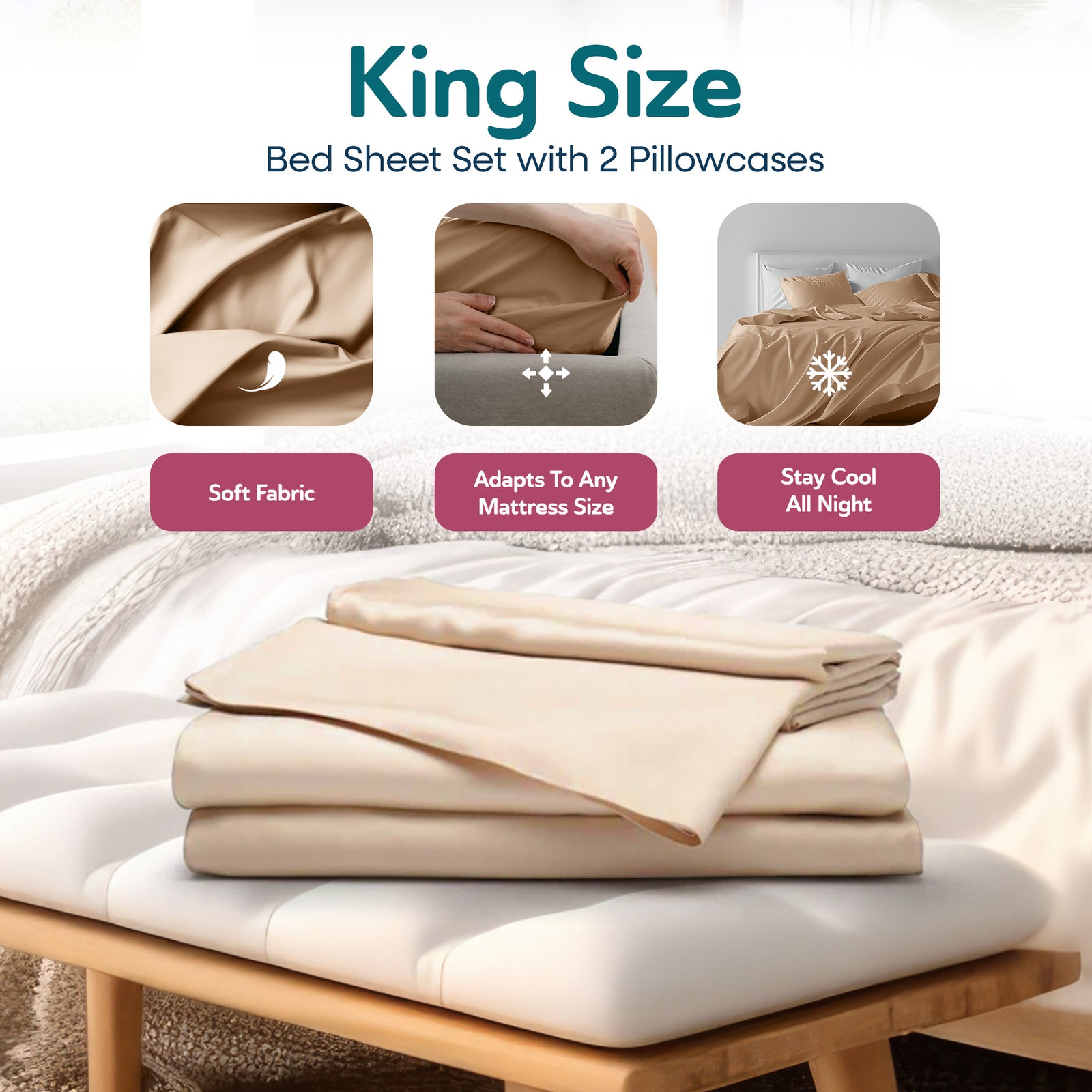 Sleepgram Viscose from Bamboo King Bed Sheet Set with 2 Pillowcases, Sand - VMInnovations