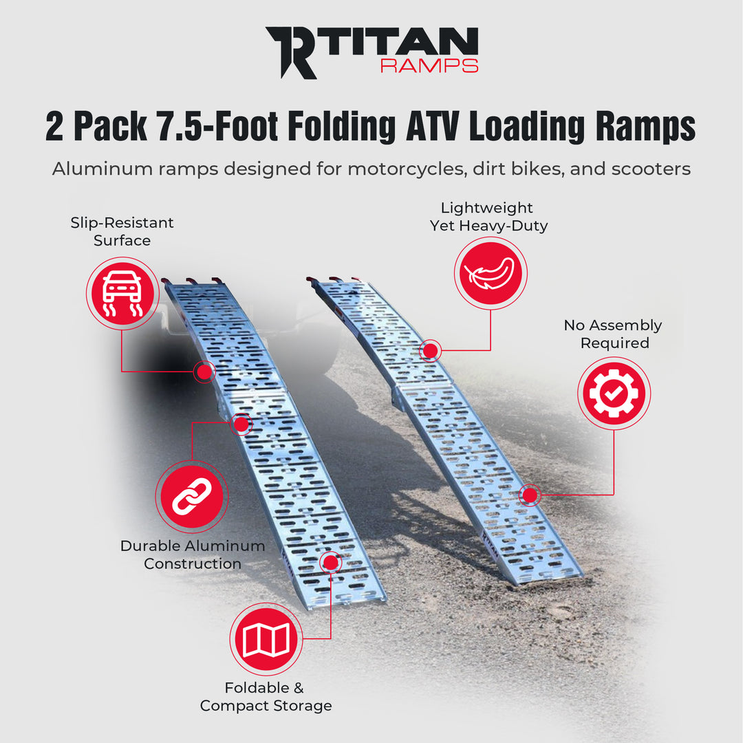 Titan Ramps 2 Pack 7.5’ Folding ATV Loading Ramps Arched Aluminum Design, Silver - VMInnovations