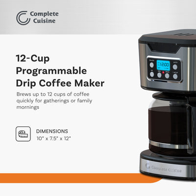Complete Cuisine 12-Cup Programmable Drip Coffee Maker, Auto Shut-Off, Black - VMInnovations
