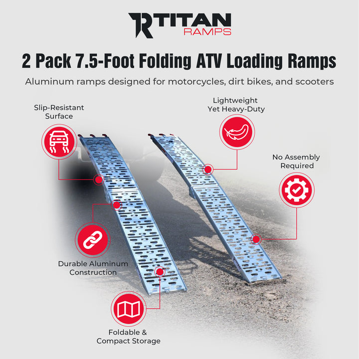 Titan Ramps 2 Pack 7.5’ Folding ATV Loading Ramps Arched Aluminum Design, Silver