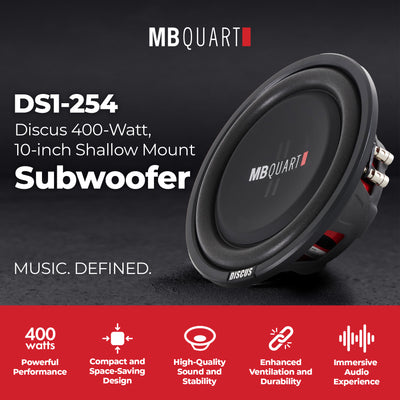 MB Quart DS1-254 200 Watt 4 Ohm 10 Inch Shallow Slim Subwoofer for Vehicles - VMInnovations