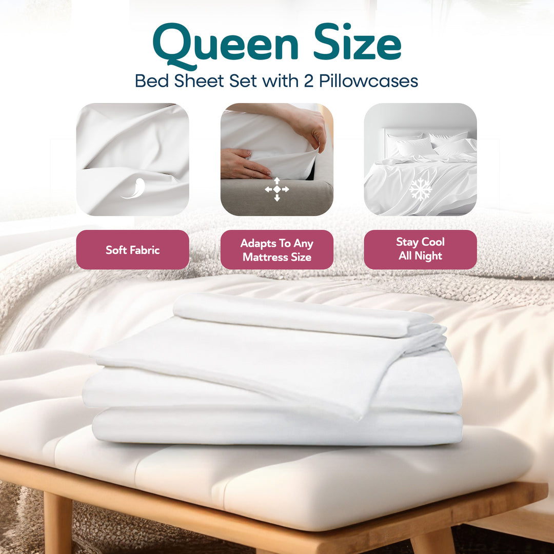 Sleepgram Viscose from Bamboo Queen Bed Sheet Set with 2 Pillowcases, White