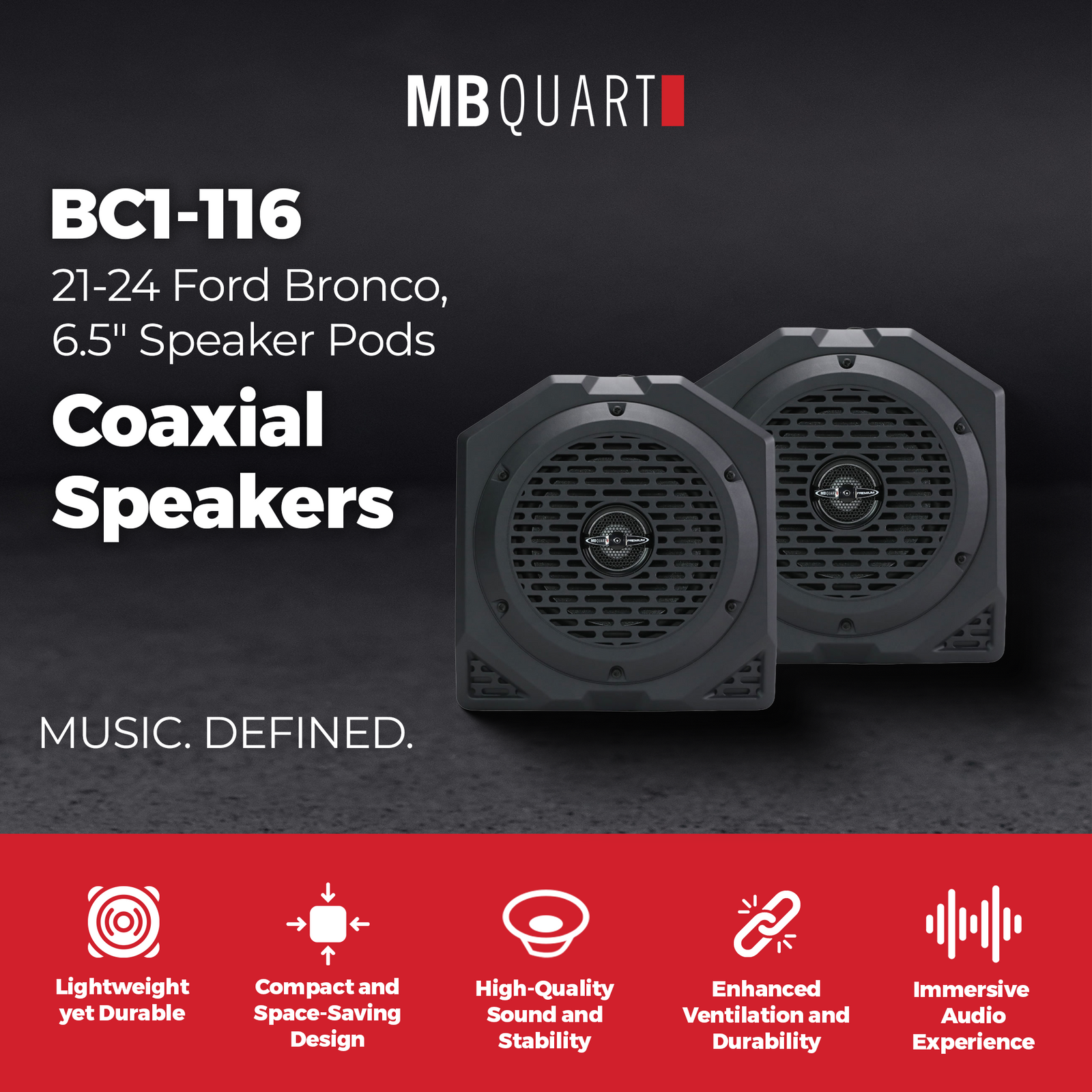 MB Quart Rear Coaxial Speakers Upgrade for 21-24 Ford Bronco, 6.5" Speaker Pods - VMInnovations