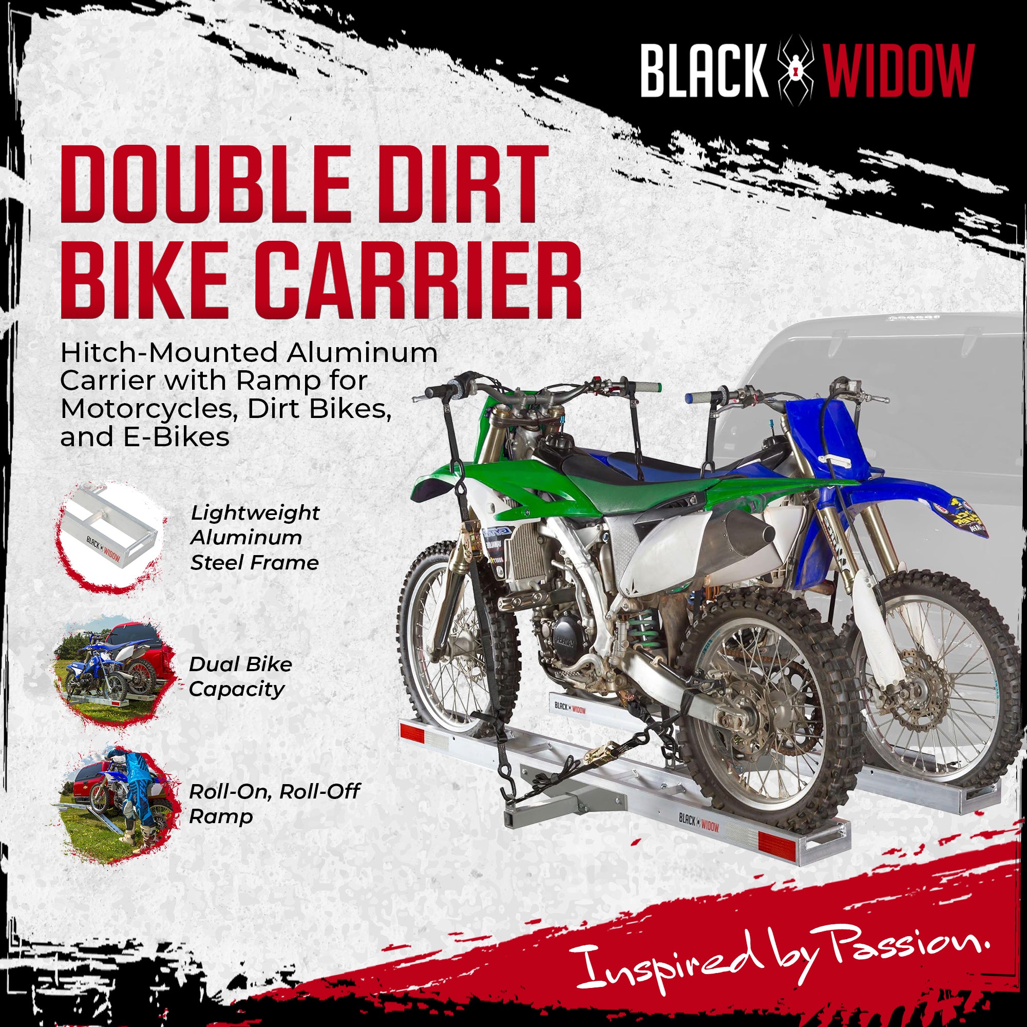 Black Widow Two Motorcycle Carrier w/Ramp for 2" Hitch, 600lb Capacity(Open Box)