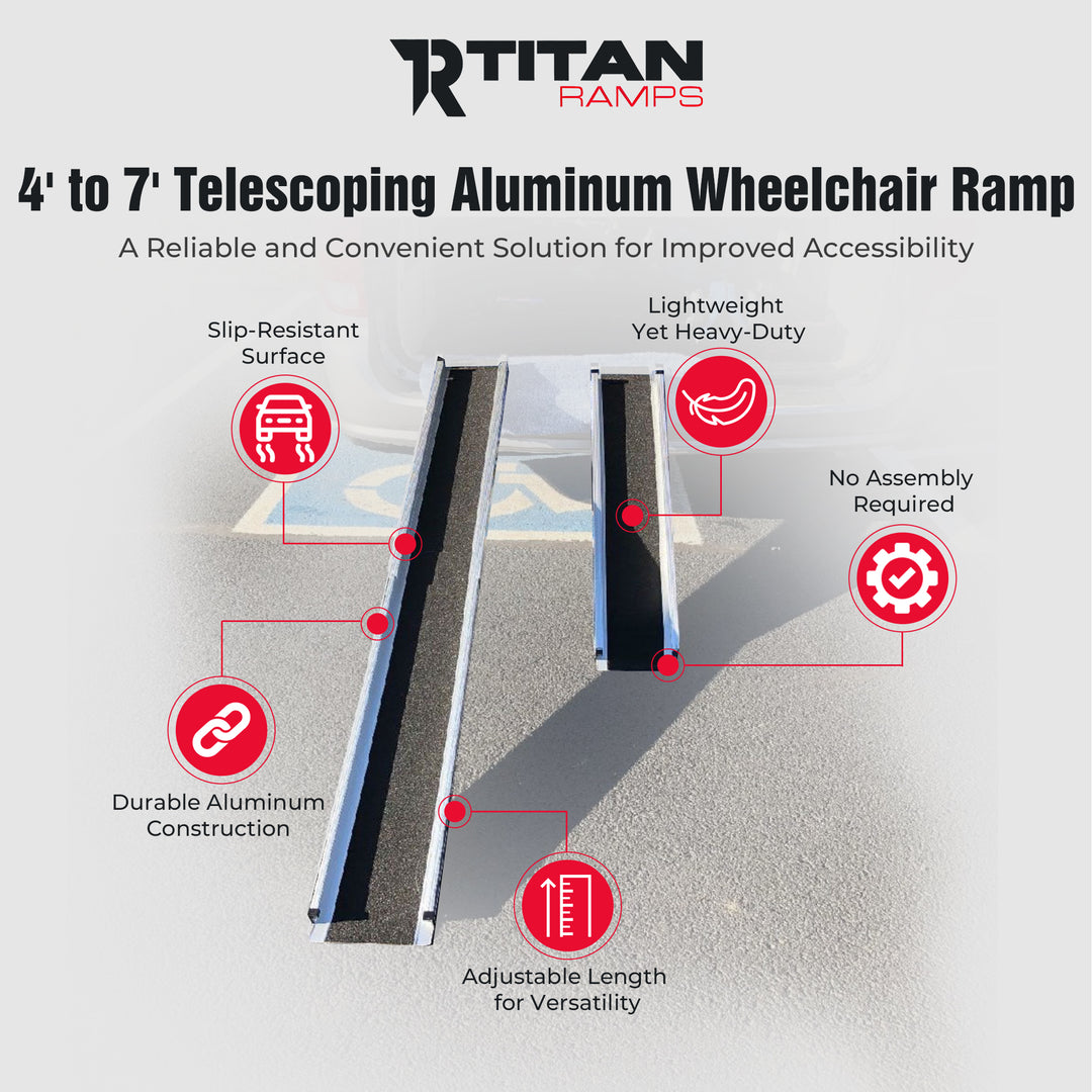Titan Ramps 4&#39; to 7&#39; Telescoping Aluminum Wheelchair Ramp with 600 lb. Capacity