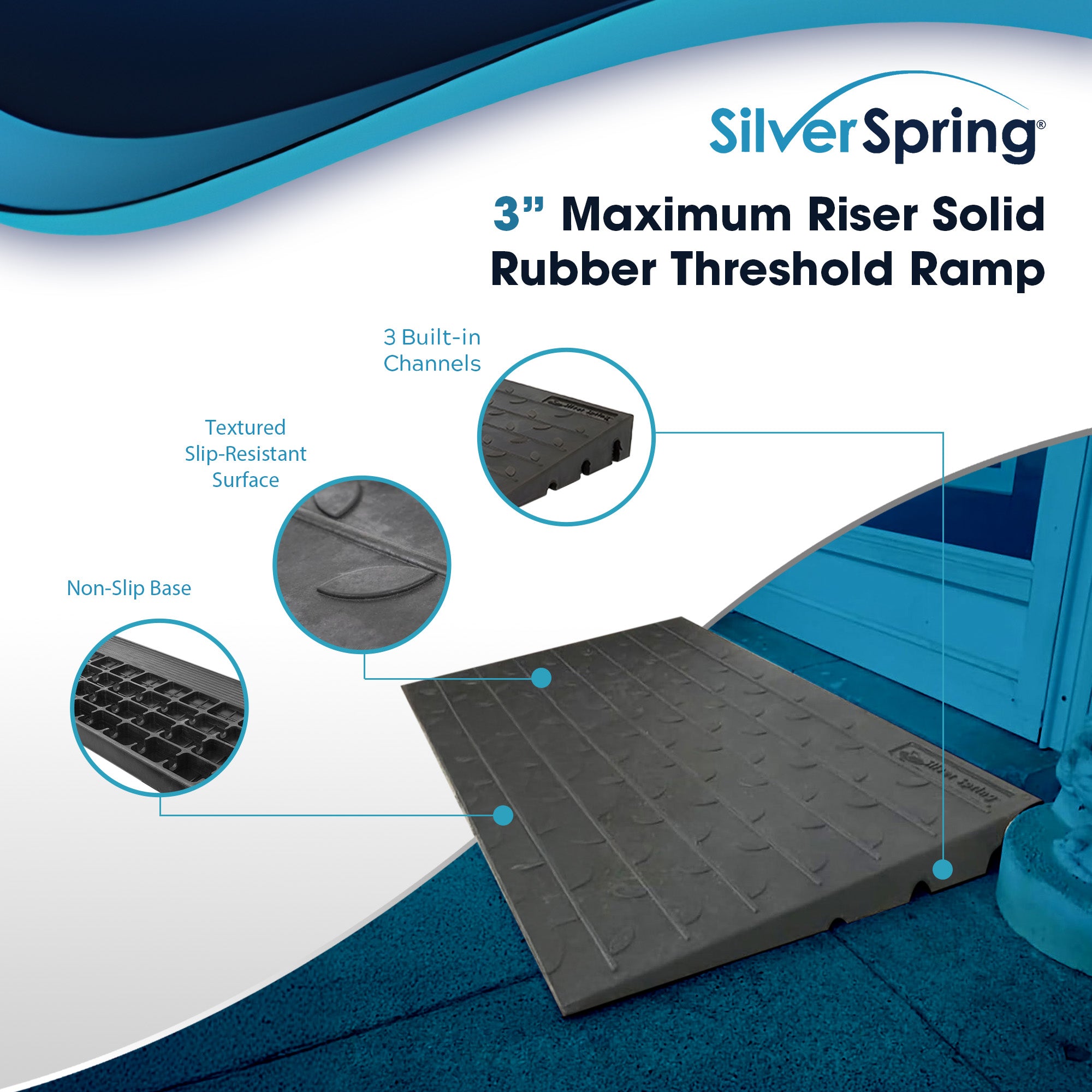 Silver Spring 3" Maximum Riser, Solid Rubber 3 Channel Threshold Ramp, Black