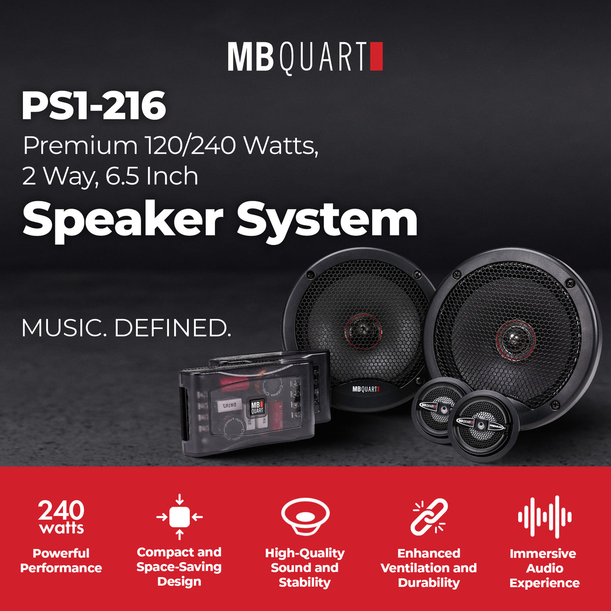 MB Quart PS1-216 Premium 6.5 Inch Car Speakers, 240 Watts, 2 Way, Black/Red