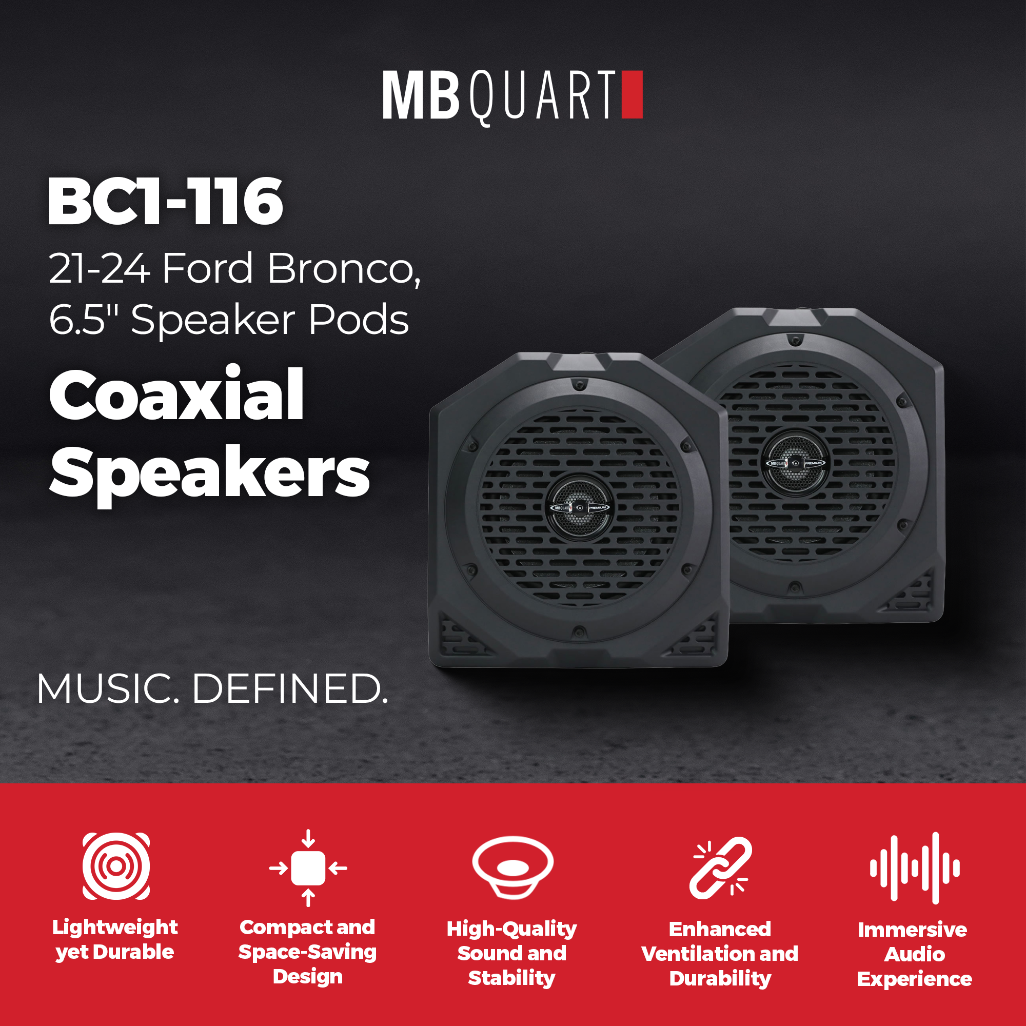 MB Quart Rear Coaxial Speakers Upgrade for 21-24 Ford Bronco, 6.5" Speaker Pods