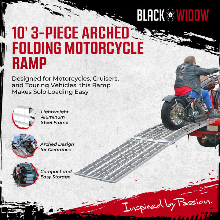 Black Widow 10’ Aluminum Folding Motorcycle Ramp, Arched 3 Piece Design, Silver