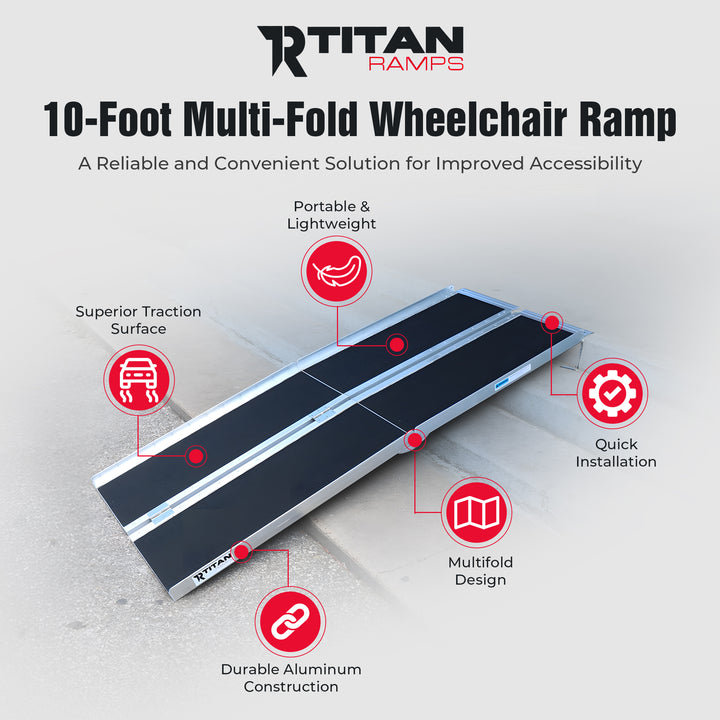 Titan Ramps 10 Foot Multi-Fold Aluminum Wheelchair Ramp, 600 Pound Capacity - VMInnovations