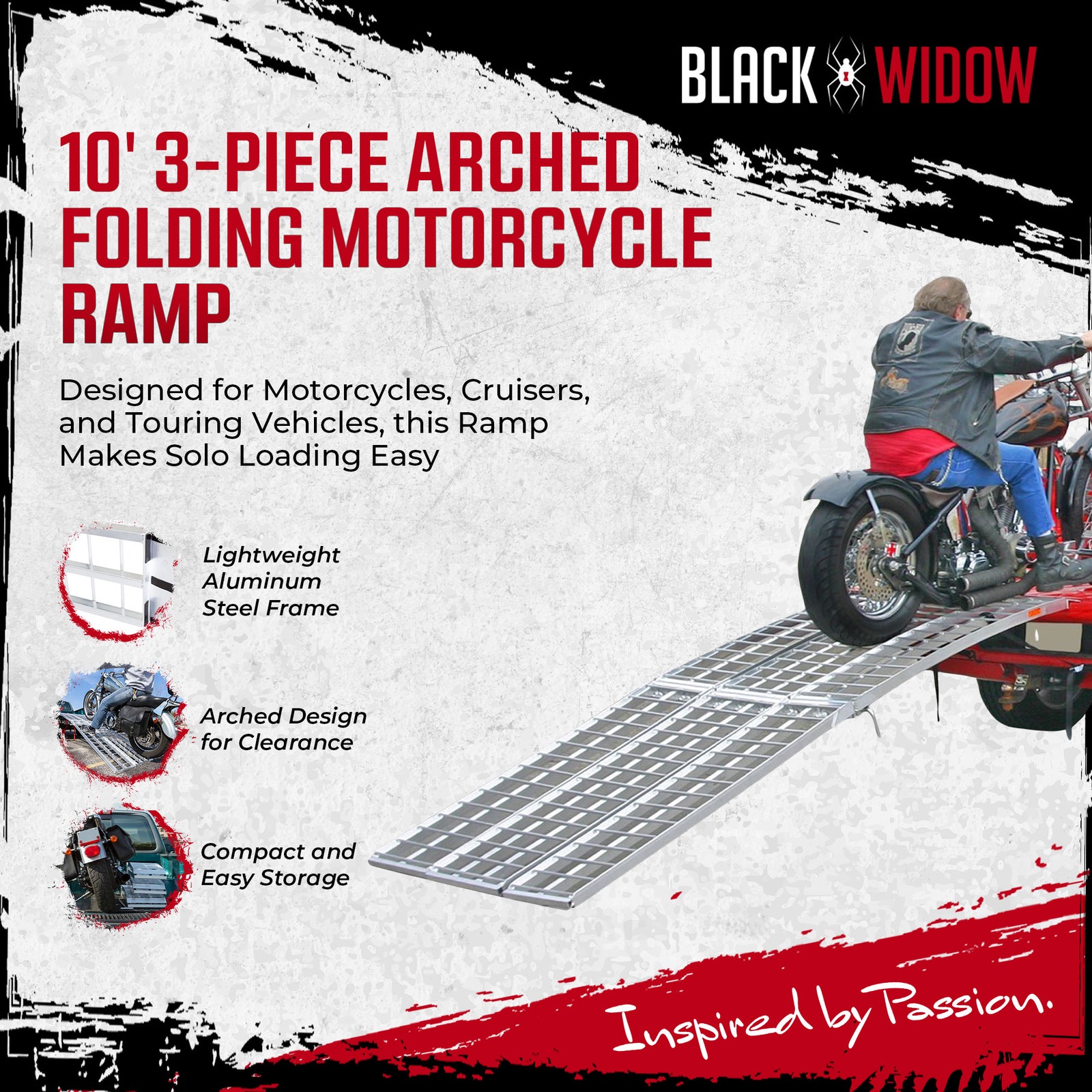 Black Widow 10’ Aluminum Folding Motorcycle Ramp, 3 Piece Design, Silver (Used) - VMInnovations