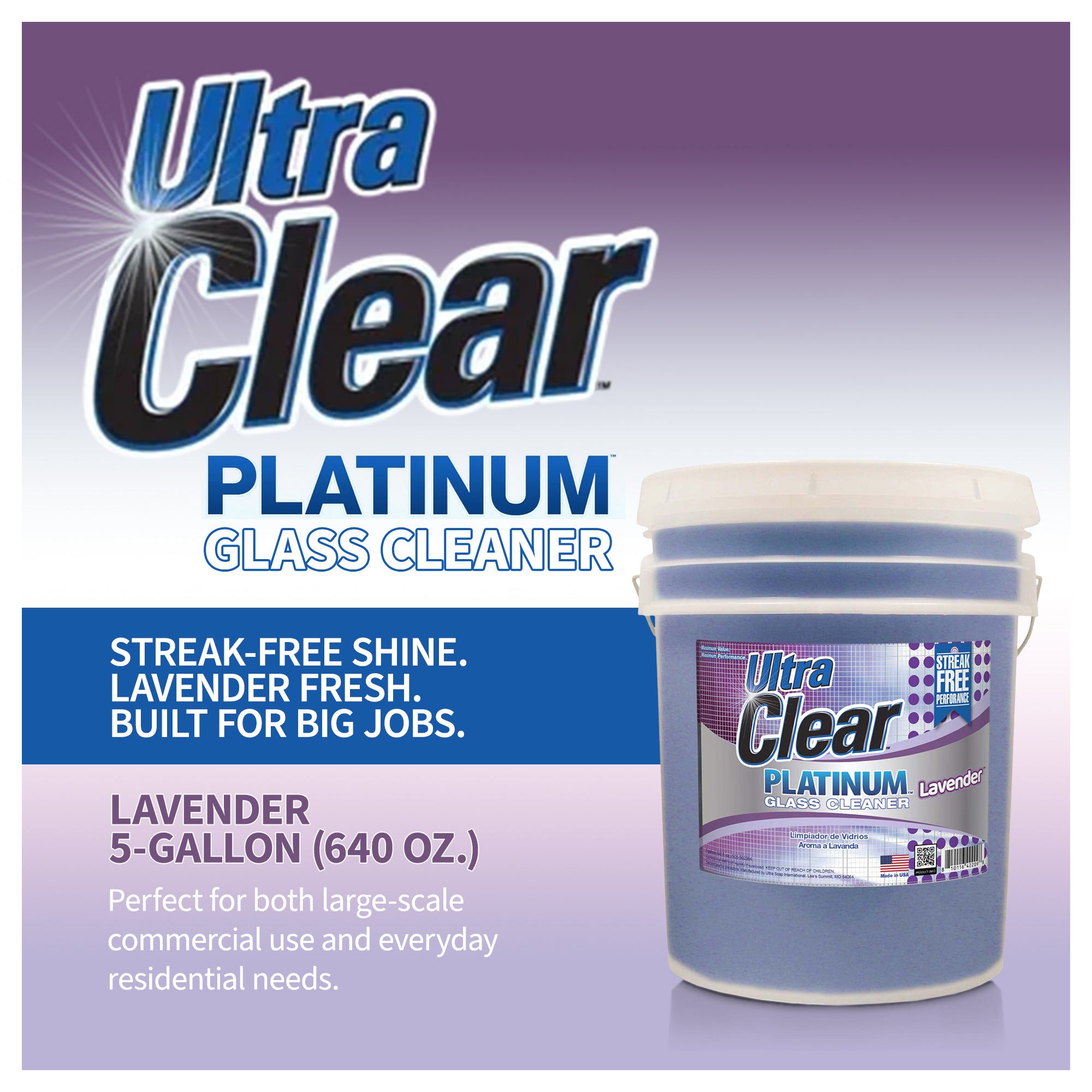 Ultra Clear Platinum Glass Cleaner, Streak-Free Shine, Lavender Fresh, 5 Gallons - VMInnovations