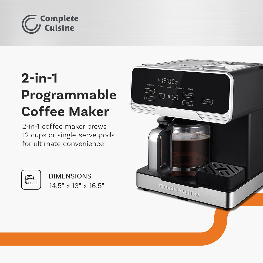 Complete Cuisine 2-in-1 Programmable Coffee Maker, 12-Cup Pot & Single-Serve Pod