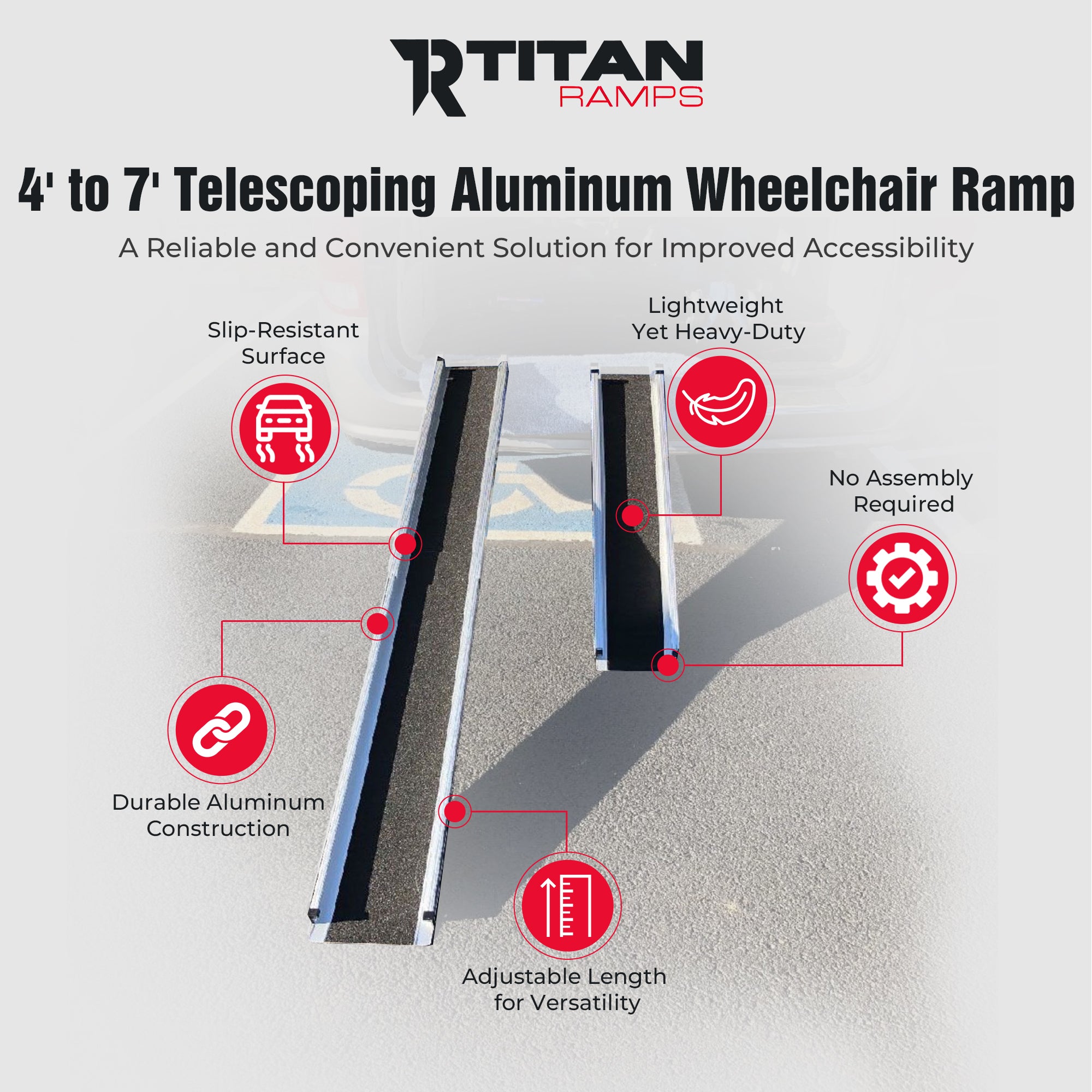 Titan Ramps 4' to 7' Telescoping Aluminum Wheelchair Ramp with 600 lb. Capacity
