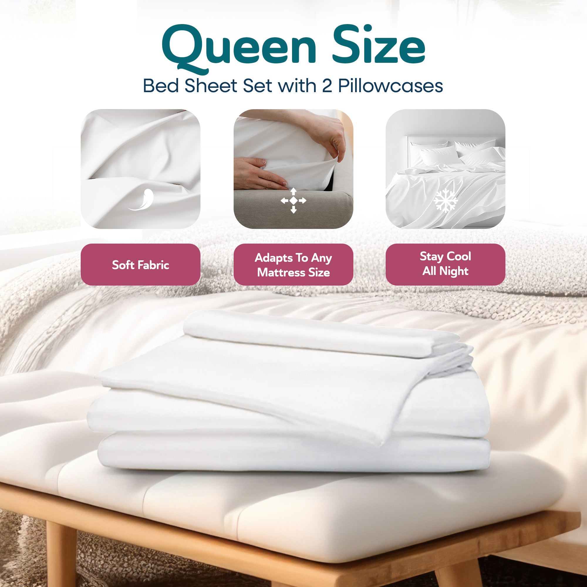 Sleepgram Viscose from Bamboo Queen Bed Sheet Set with 2 Pillowcases, (Used)