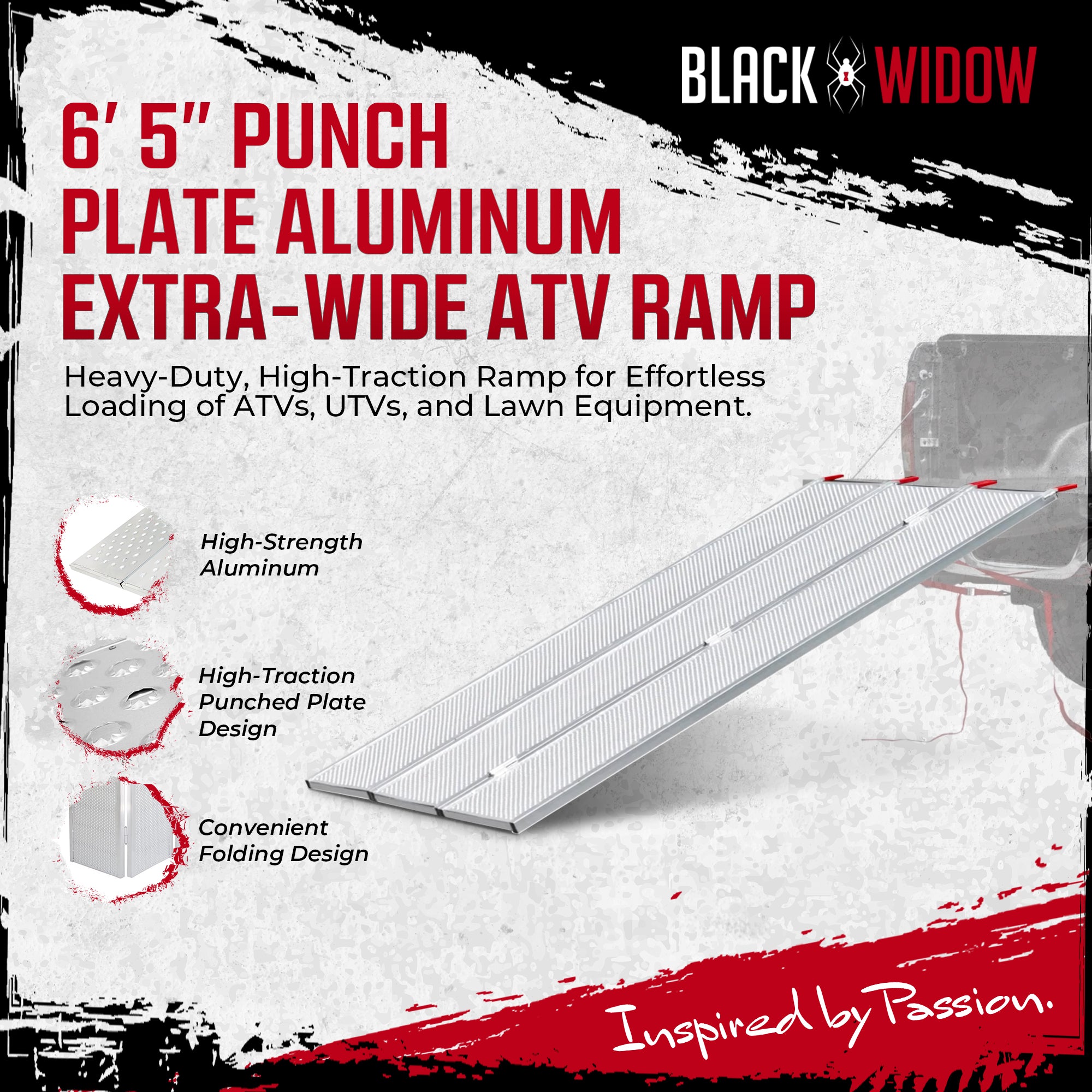 Black Widow 6’ 5” Punch Plate Aluminum Wide ATV Ramp, 1,500 Lbs Capacity (Used) - VMInnovations