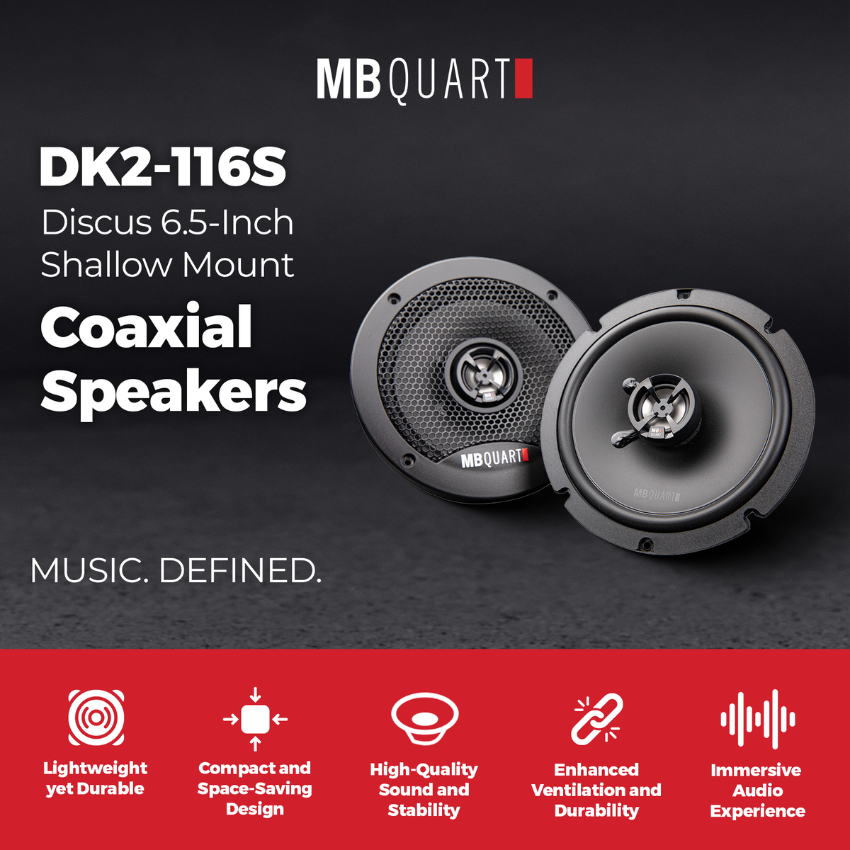 MB Quart DK2-116S Discus 6.5-Inch Shallow Mount 2-Way Coaxial Car Speakers - VMInnovations
