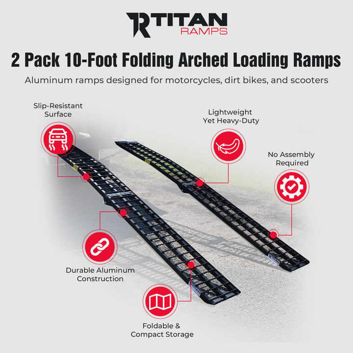 Titan Ramps 10 Foot Folding ATV Loading Ramps Arched Aluminum Design, Black