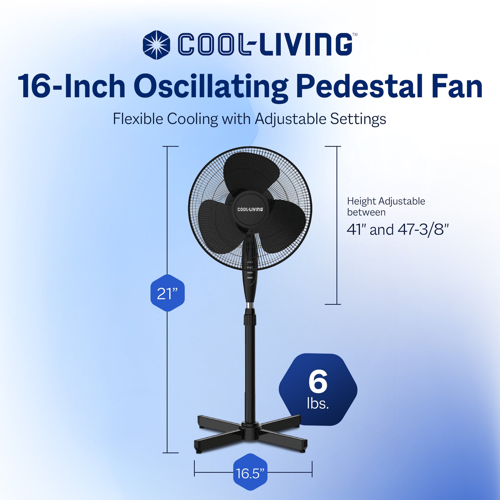Cool-Living 16" Electric Oscillating Pedestal Fan with 3 Speed Options, Black - VMInnovations