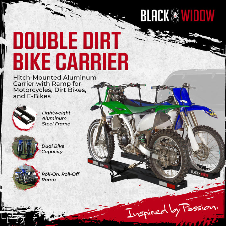 Black Widow Pro Double Dirt Bike Carrier with Ramp for 2" Hitch, 600 lb Capacity