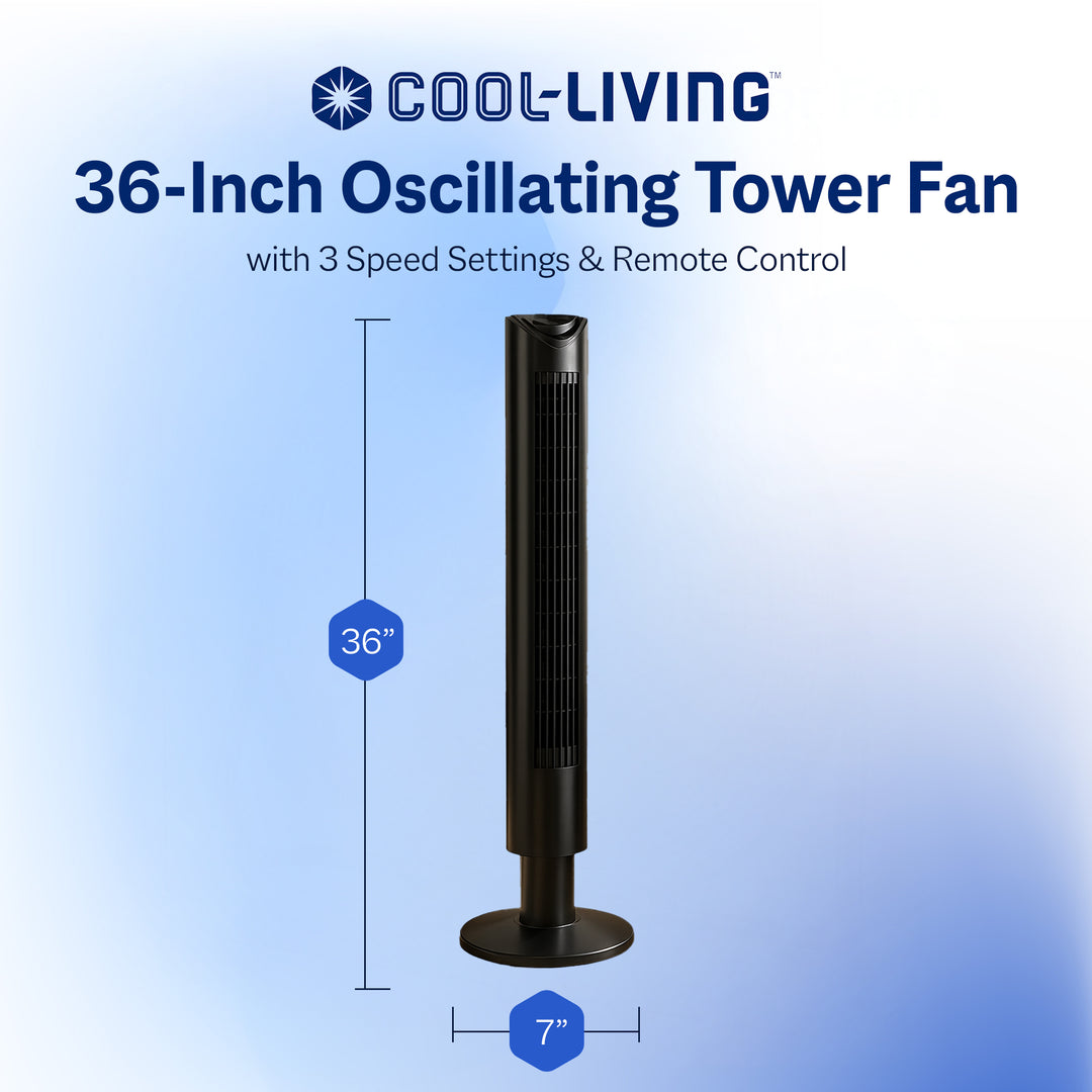 Cool-Living 36-Inch Oscillating Tower Fan with 3 Speed Settings & Remote Control