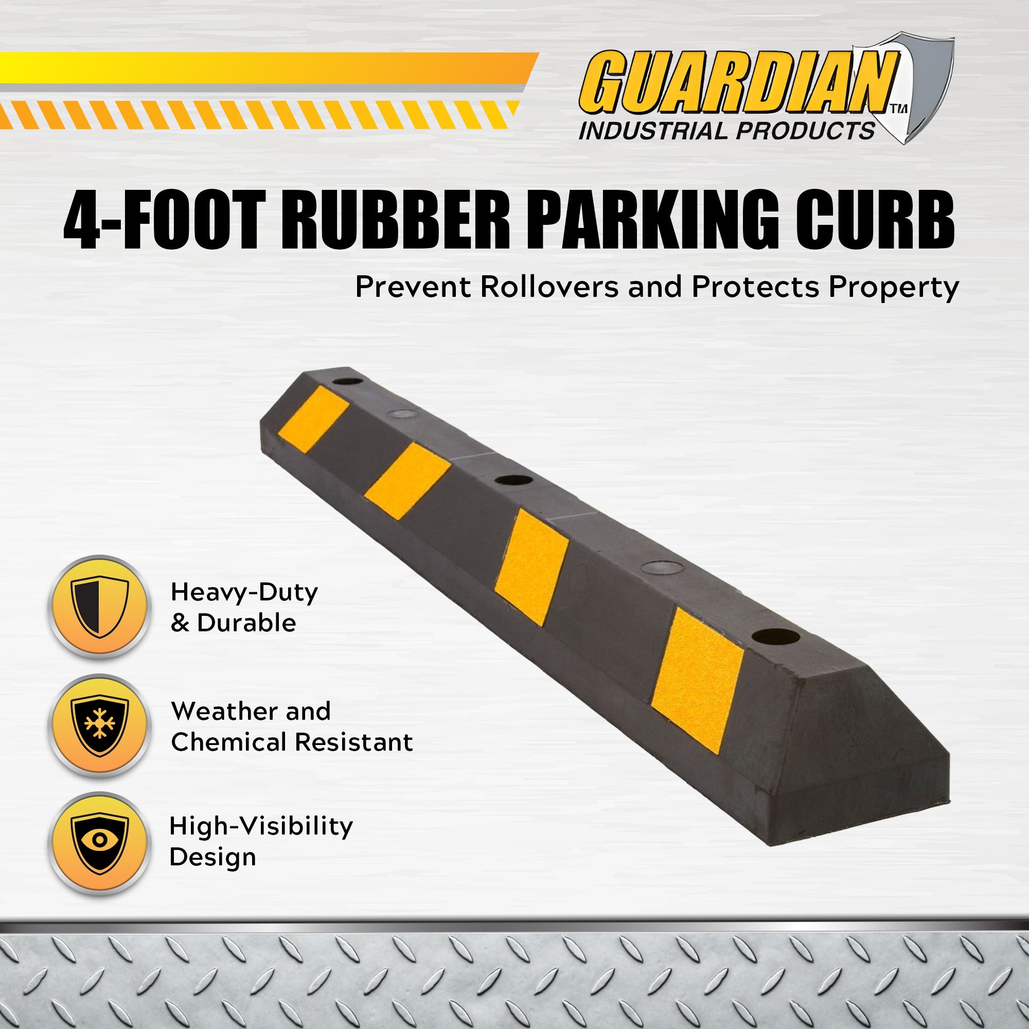 Guardian Parking Stop, 4Ft Rubber Curb w/ Mounting Holes, Black/Yellow, 10 Pack