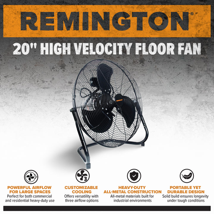 Remington 20" High Velocity Floor Fan, 3 Speed Portable Cooling Unit, Black - VMInnovations