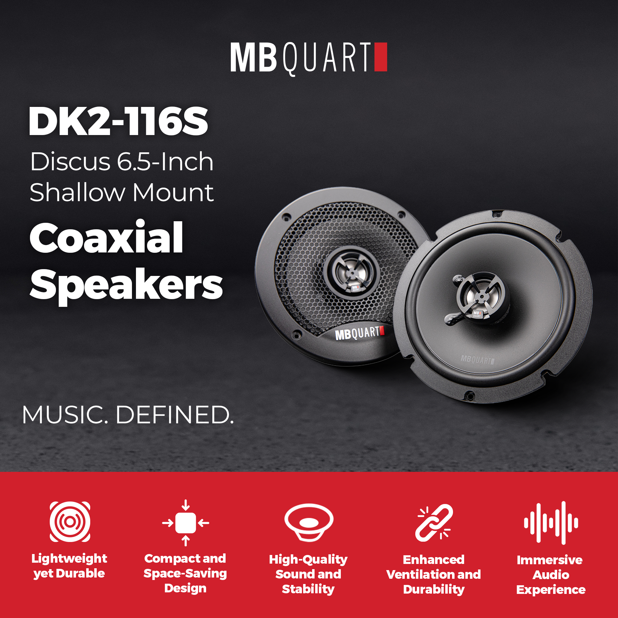 MB Quart DK2-116S Discus 6.5" Shallow Mount 2-Way Coaxial Car Speakers, 2 Pairs