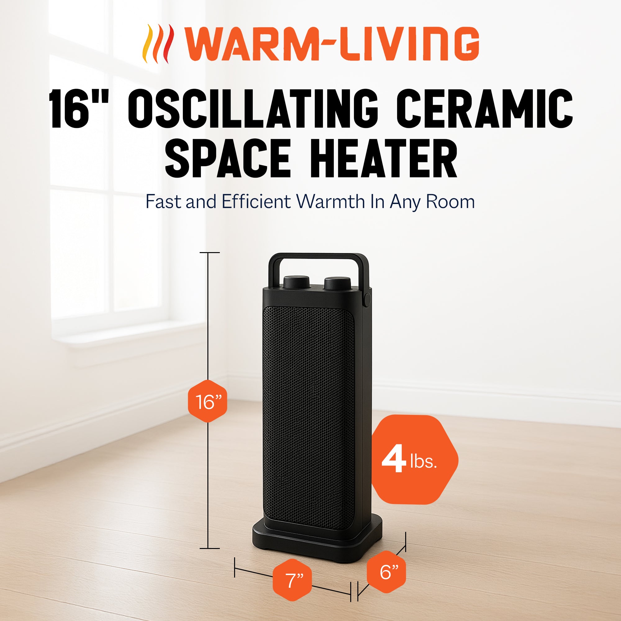 Warm-Living 16" Oscillating Ceramic Space Heater with 3 Heat Settings, Black - VMInnovations