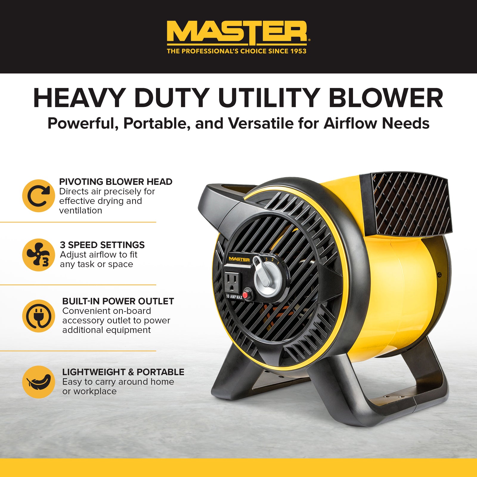 Master Heavy Duty Utility Blower, 3 Speed Floor Fan w/ Pivot Head (Open Box) - VMInnovations