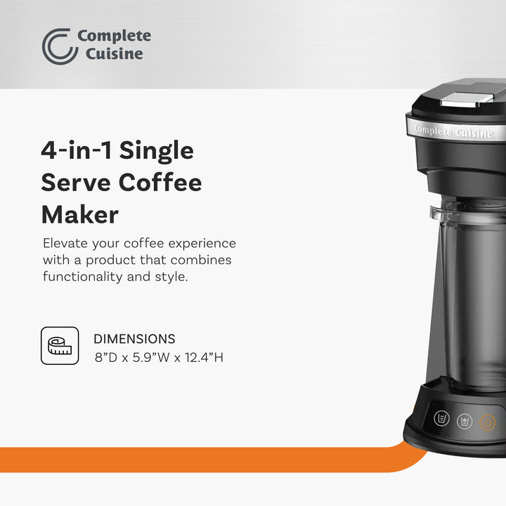 Complete Cuisine 4-in-1 Single Serve Coffee Maker, Hot and Iced Brewer, Black