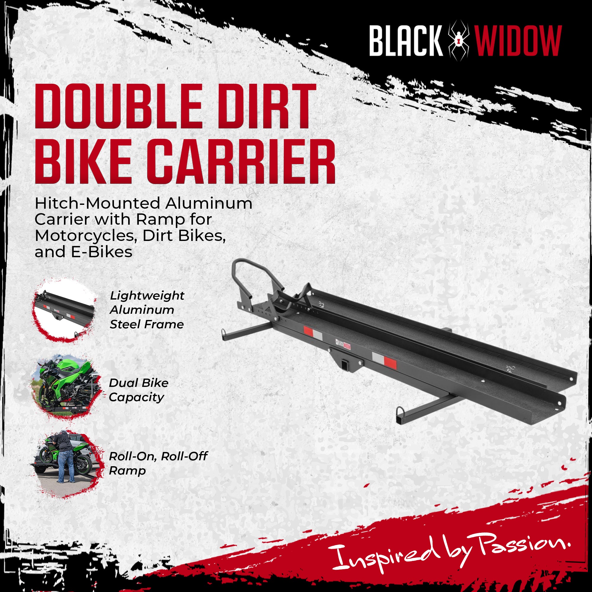 Black Widow Motorcycle Bike Carrier with Ramp for 2" Hitch, 600 Pound Capacity
