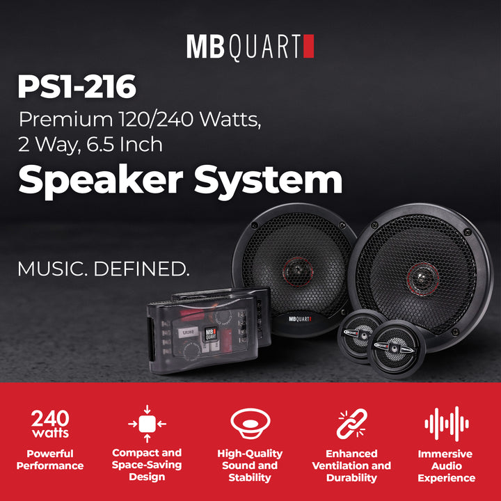 MB Quart PS1-216 Premium 6.5 Inch Car Speakers, 240 Watts, 2 Way, Black/Red
