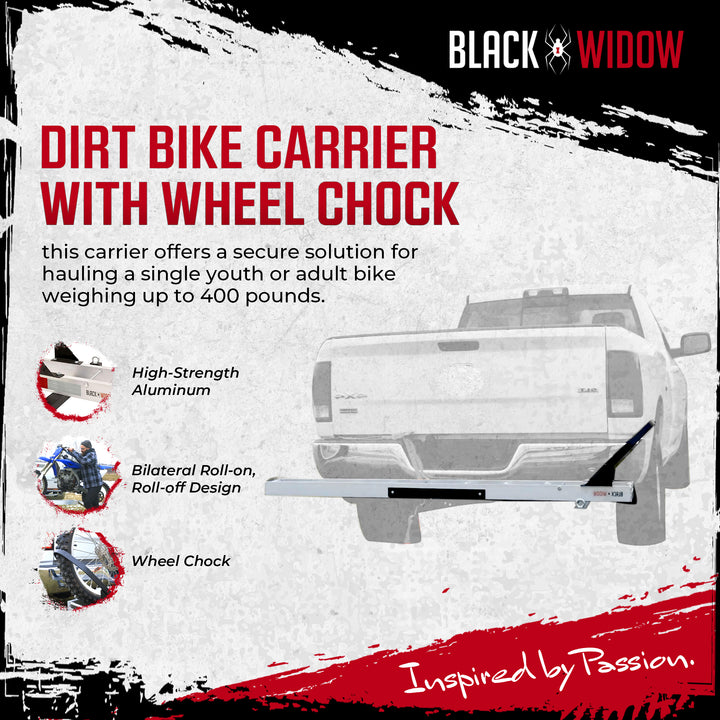 Black Widow Dirt Bike Carrier with Wheel Chock and 400 Pound Capacity, Silver