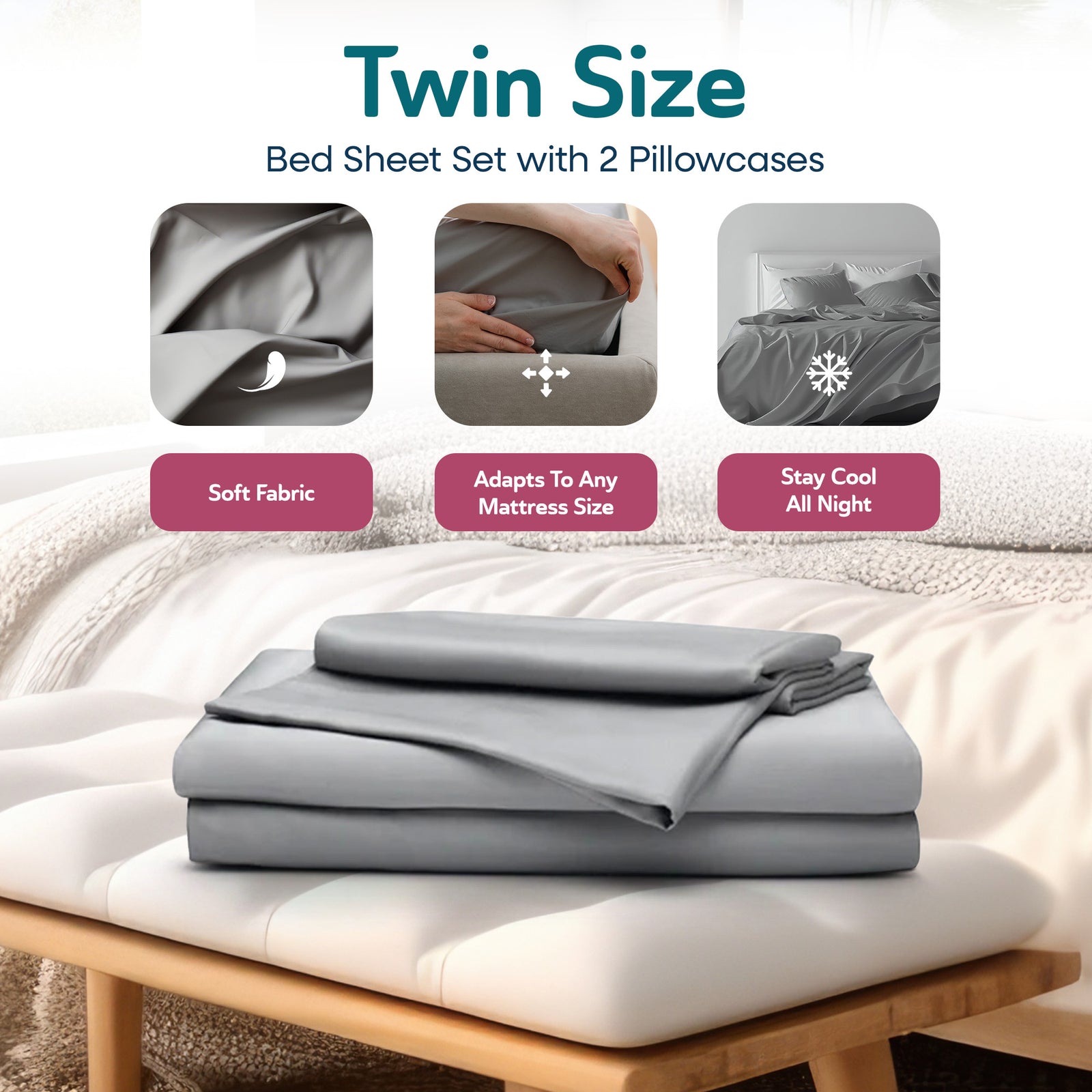 Sleepgram Viscose from Bamboo Twin Bed Sheet Set with 2 Pillowcases, Grey Stone - VMInnovations