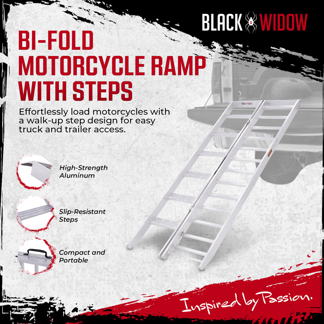 Black Widow Aluminum Bi Fold Motorcycle Ramp with Steps, Folding Ramp, Silver
