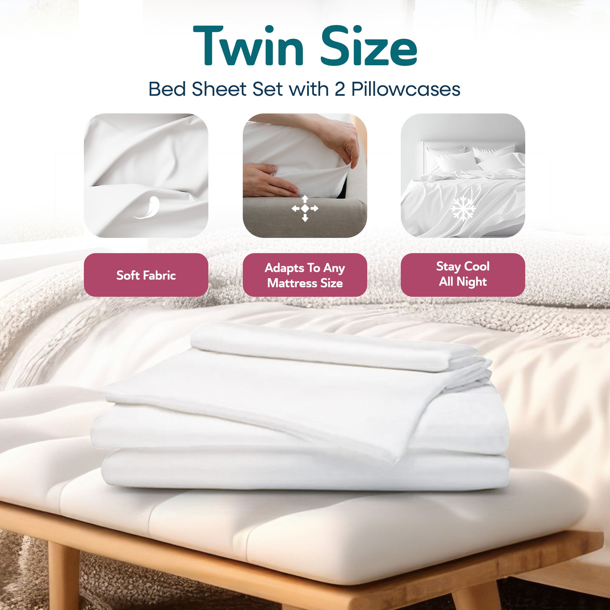 Sleepgram Viscose from Bamboo Twin Bed Sheet Set w/2 Pillowcases,White(Open Box) - VMInnovations