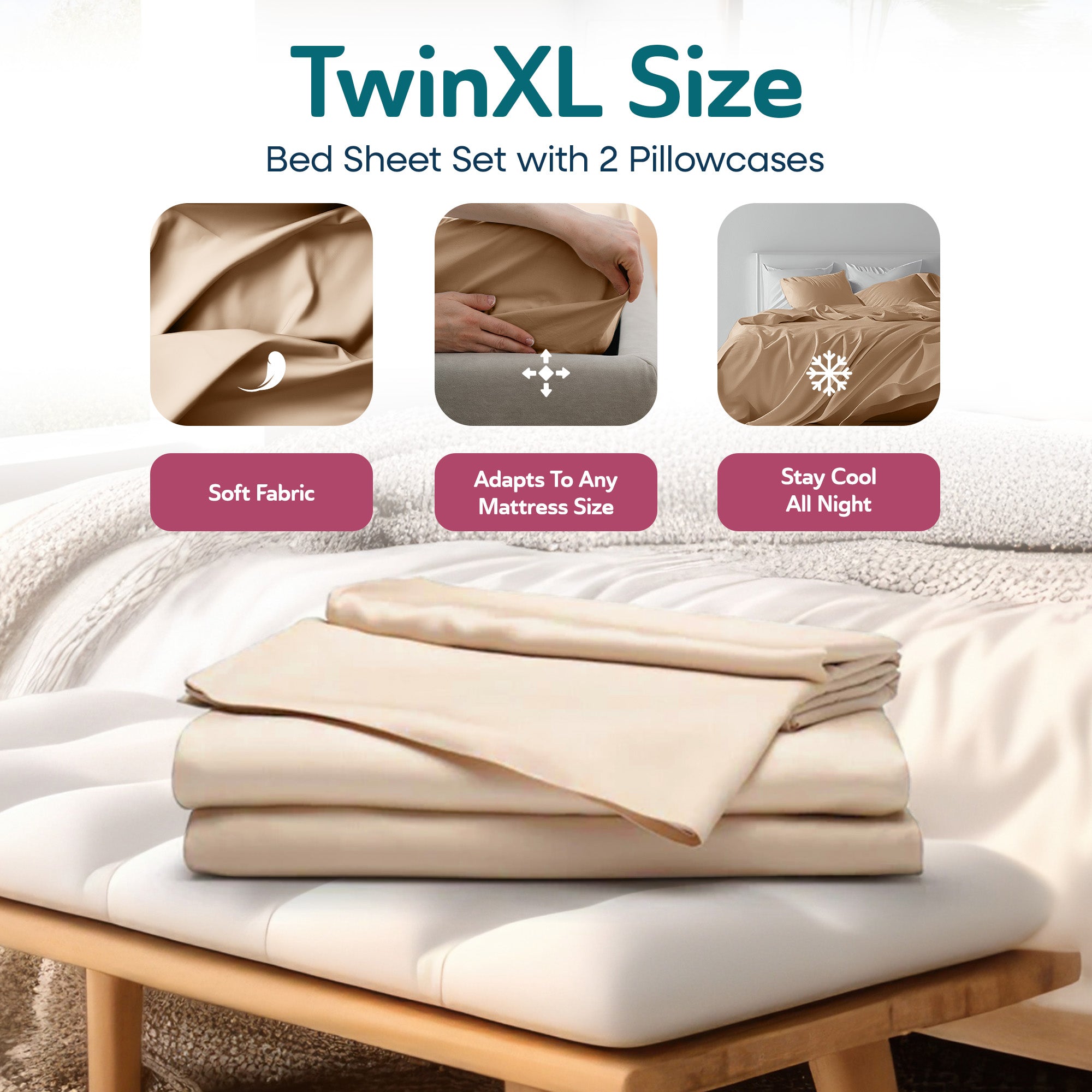 Sleepgram Viscose from Bamboo TwinXL Bed Sheet Set w/2 Pillowcases, Sand - VMInnovations