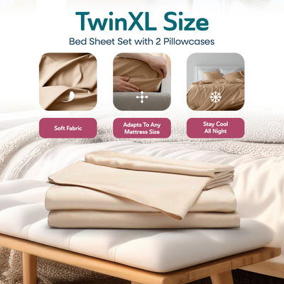 Sleepgram Viscose from Bamboo TwinXL Bed Sheet Set w/2 Pillowcases, Sand - VMInnovations