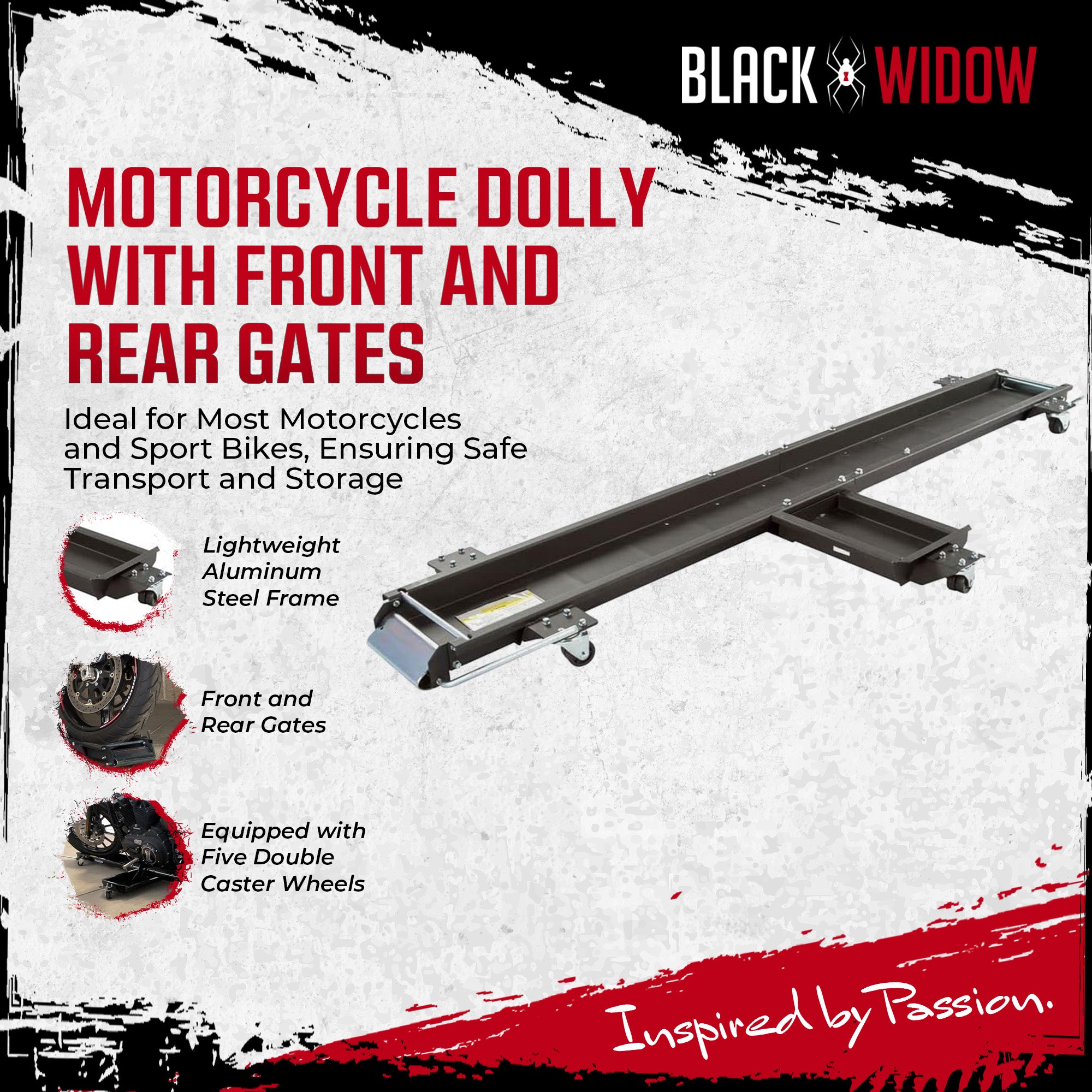 Black Widow Motorcycle Dolly with Front and Rear Gates for Loading and Unloading - VMInnovations