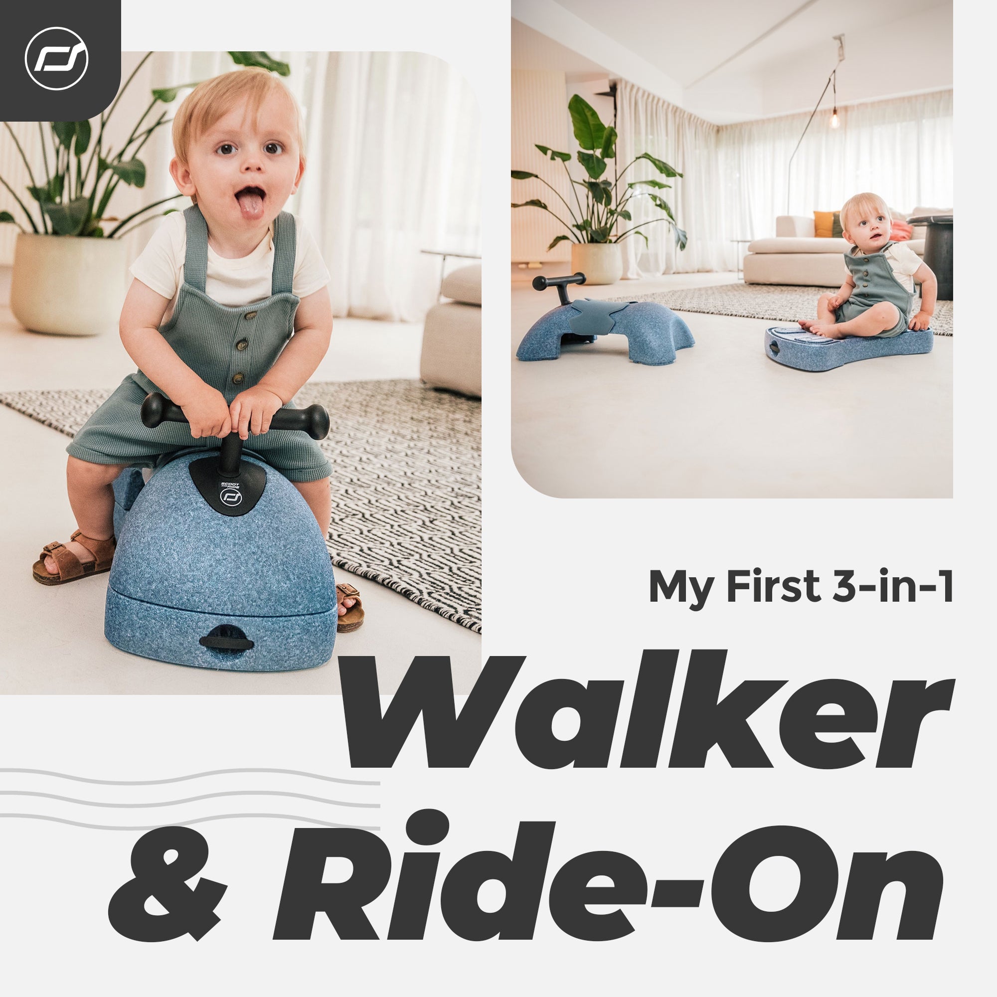 Scoot & Ride 3 in 1 Walker, Ride On & Scoot Board w/Storage, Steel (Open Box) - VMInnovations