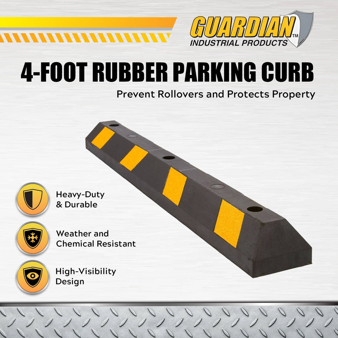 Guardian Parking Stop, 4Ft Rubber Curb with Mounting Holes, Black/Yellow, 4 Pack