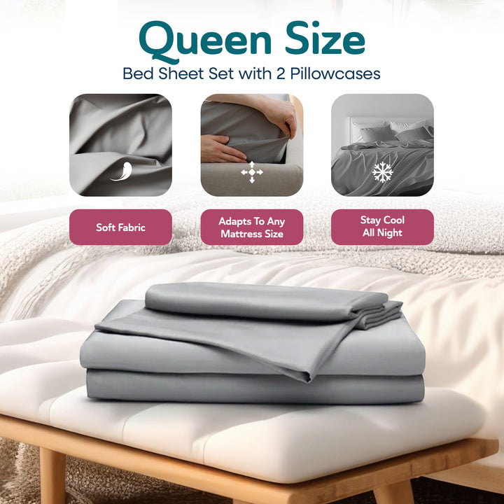 Sleepgram Viscose from Bamboo Queen Bed Sheet Set with 2 Pillowcases, Grey Stone