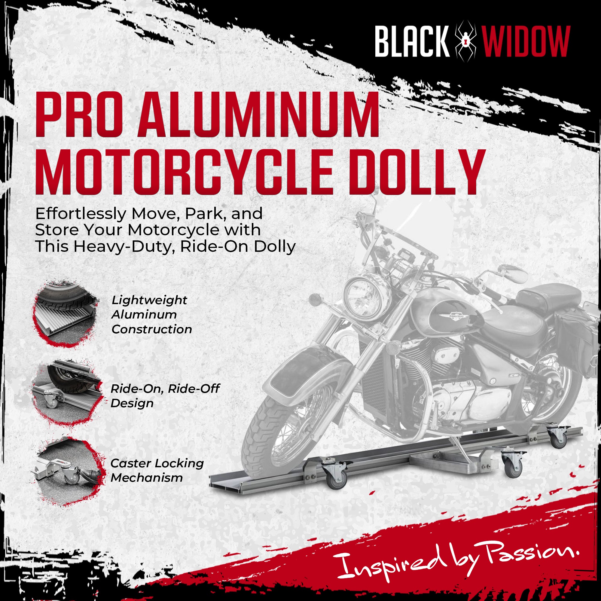 Black Widow Motorcycle Dolly, Fully Adjustable Kickstand Plate Locking Casters