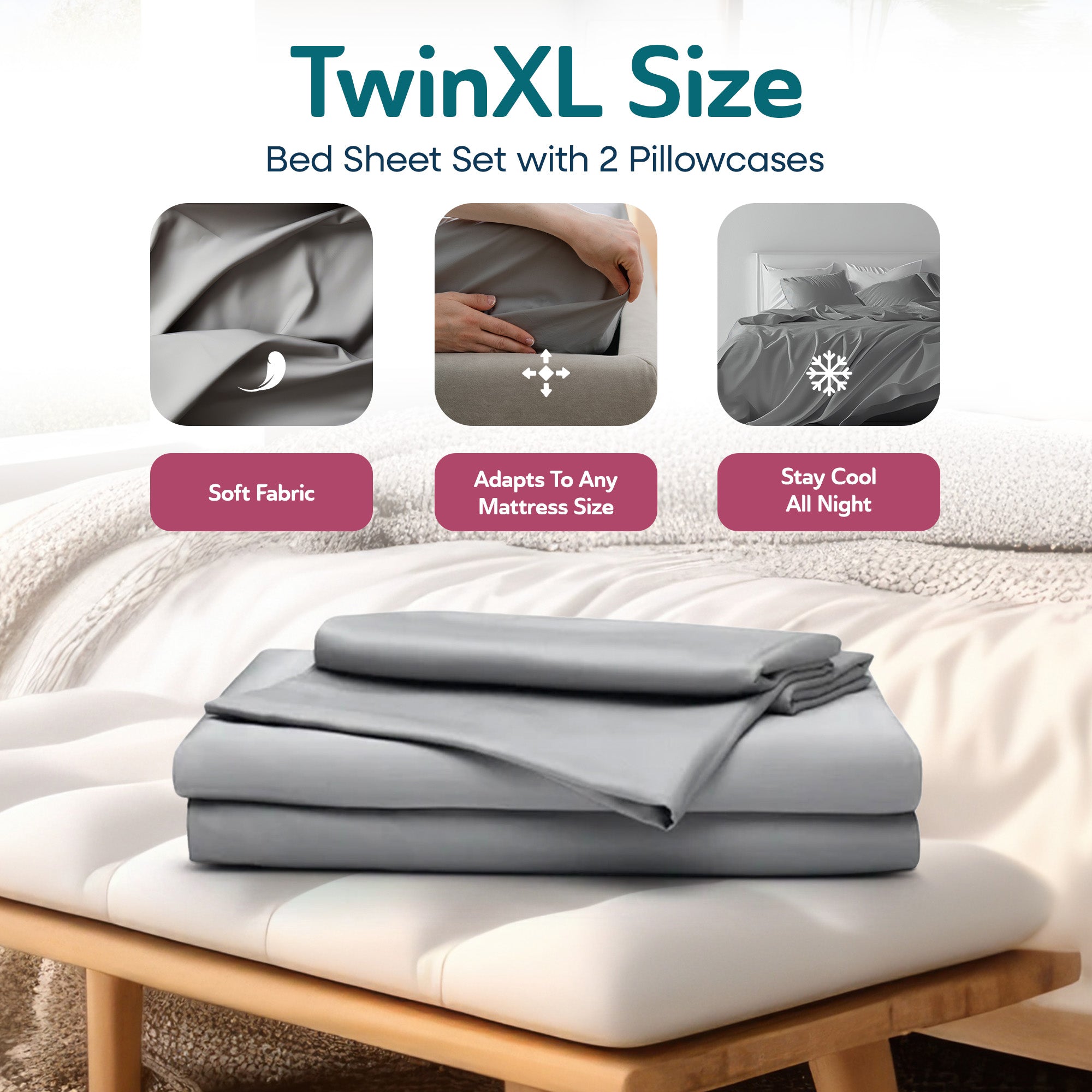 Sleepgram Bamboo Bed Sheet Set - 100% Pure Organic Bamboo Sheet Set - Breathable, Cooling, and Eco Friendly - 4 Pieces (Twin XL, Grey) - VMInnovations