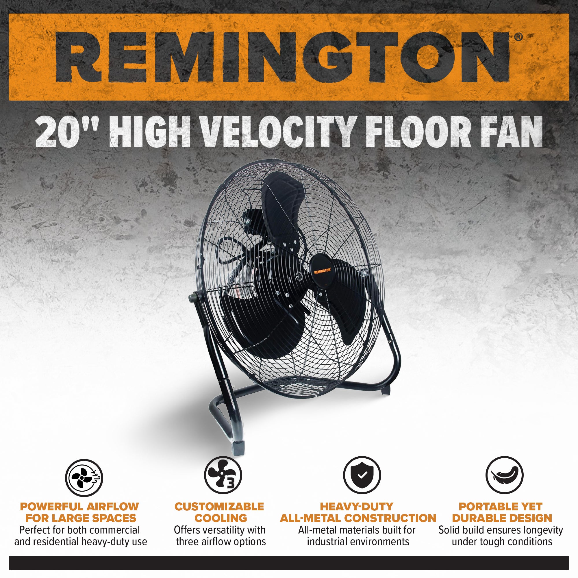 Remington 20" High Velocity Floor Fan, 3 Speed Portable Cooling Unit, Black - VMInnovations