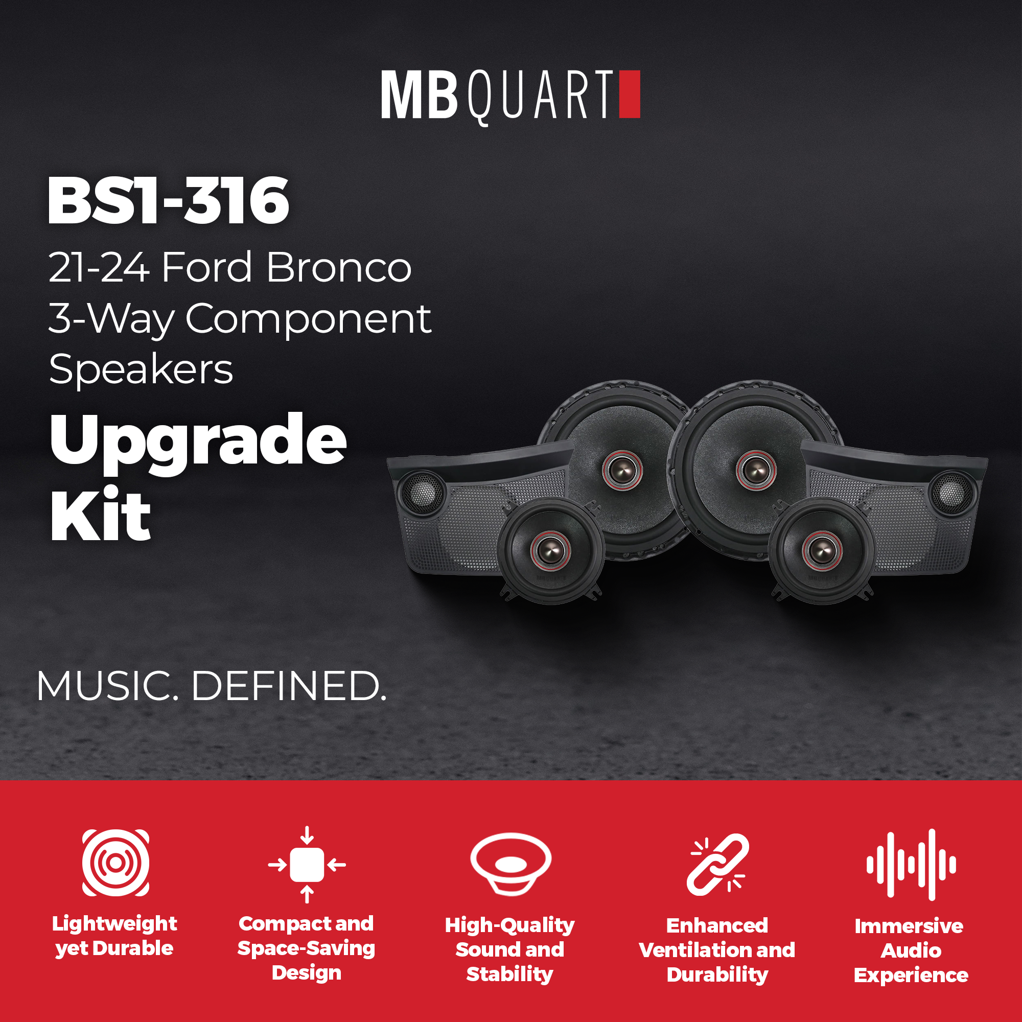 MB Quart Front Dash 3-Way Component Speakers Upgrade Kit for 21-24 Ford Bronco